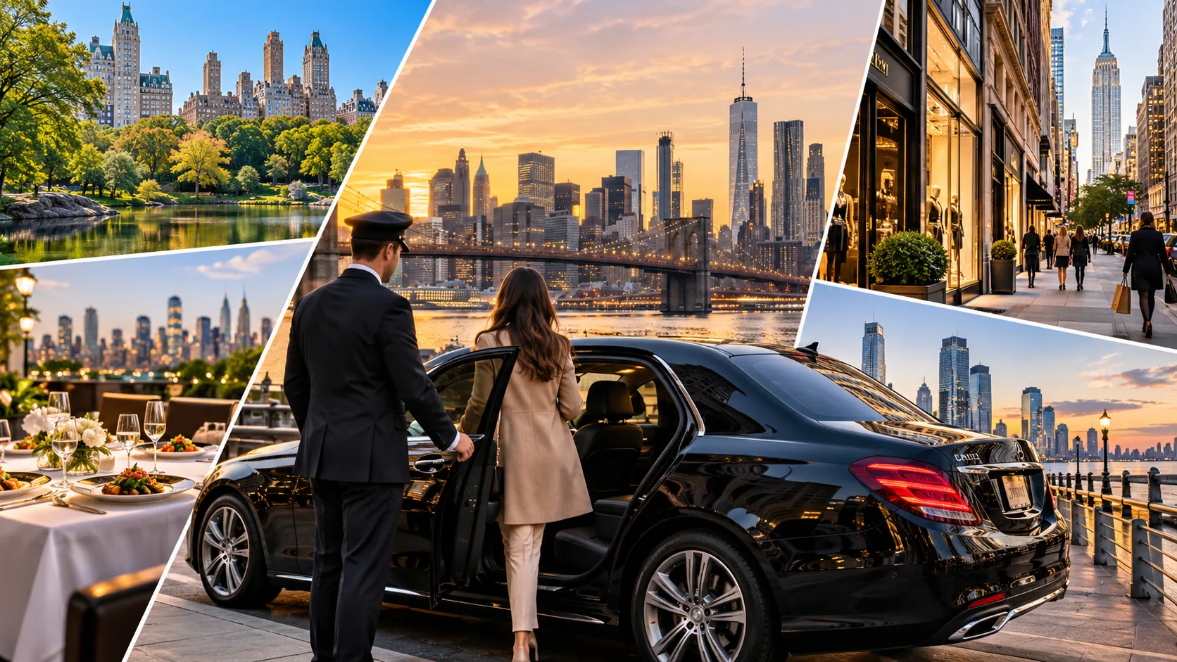 Chauffeur opening the door of a black sedan for a passenger by the Brooklyn Bridge, with Central Park, Fifth Avenue shopping and Manhattan dining scenes