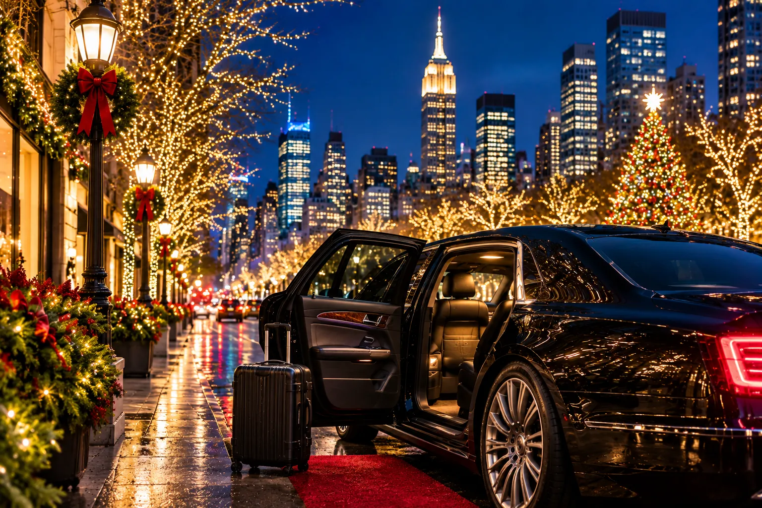 Black limousine with its door open on a Manhattan street lit with holiday lights and Christmas trees at night
