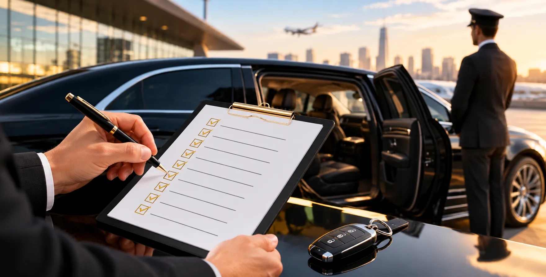 Hand ticking off a limo booking checklist on a clipboard beside a black car, with a chauffeur waiting