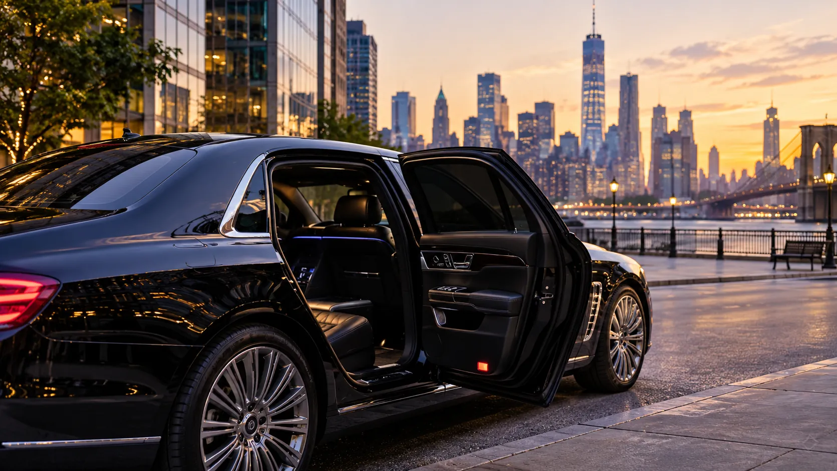 Black luxury sedan with its rear door open on the waterfront at sunset, the Manhattan skyline behind