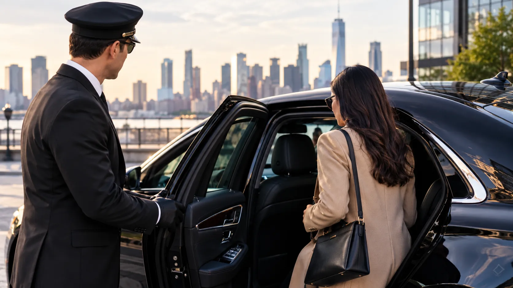Uniformed chauffeur opening the rear door of a black sedan for a passenger, with the Manhattan skyline across the river